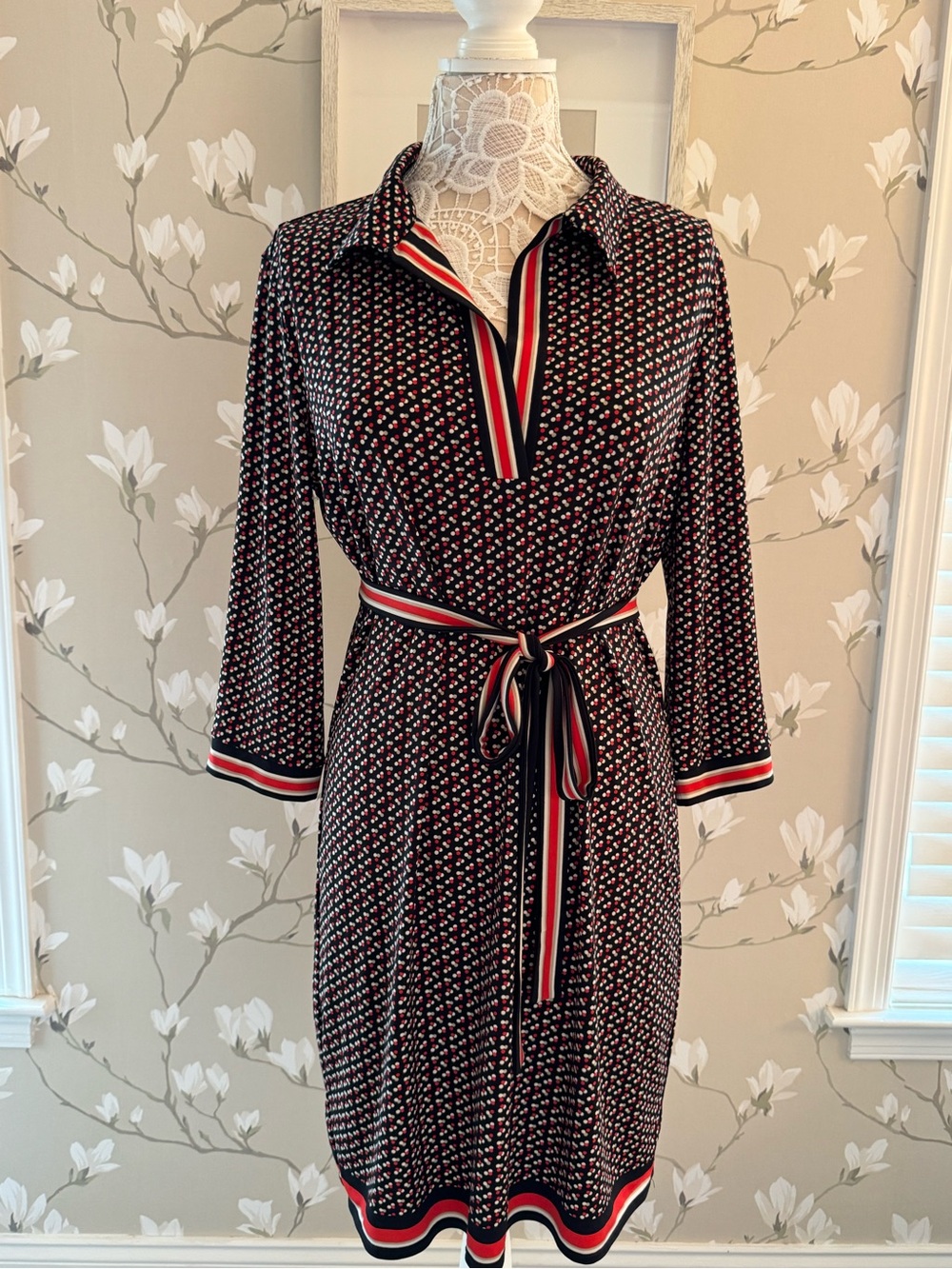 Max Studio Navy Printed Belted Shirt Dress with Red & White Trim